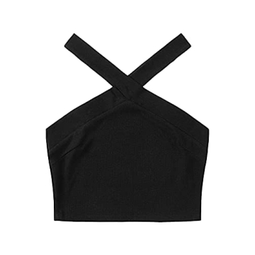 Floerns Women's Solid Criss Cross Sleeveless Rib Knit Halter Crop Tank Tops for Summer