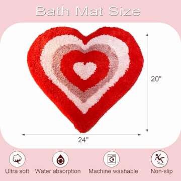 YRXRUS Valentine's Day Heart Bath Mat, Red Heart Shaped Bathroom Rug, Love Rugs for Girl, Women, Acc...