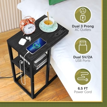 Yoobure C Shaped End Table with Charging Station