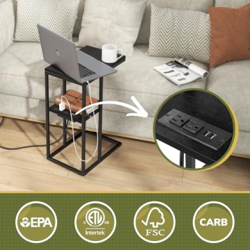 Yoobure C Shaped End Table with Charging Station