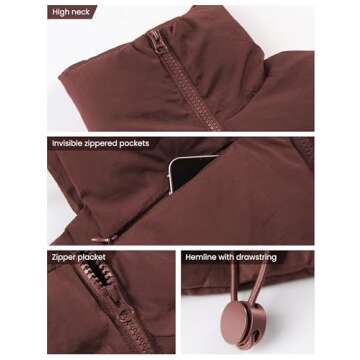 UANEO Cropped Puffer Vest Women Zip Up Stand Collar Sleeveless Padded Crop Puffy Vests (Brown-L)