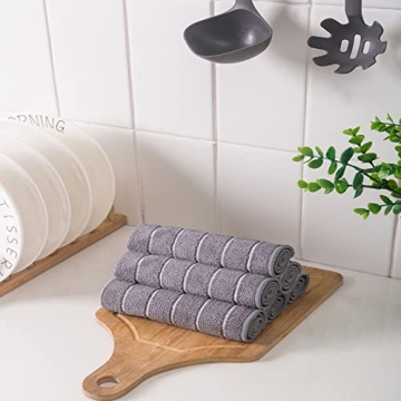 HYER KITCHEN Microfiber Dish Towels, Stripe Designed, Super Soft and Absorbent Dish Cloths, Pack of 8, 12 x 12 Inch, Gray