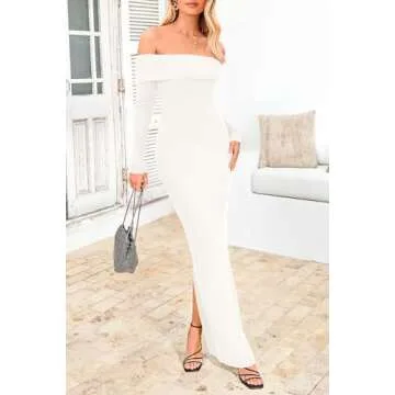 PRETTYGARDEN Women's Winter Sweater Dress Long Sleeve Off Shoulder Slit Maxi Bodycon Cocktail Party Dresses (Beige White,Medium)