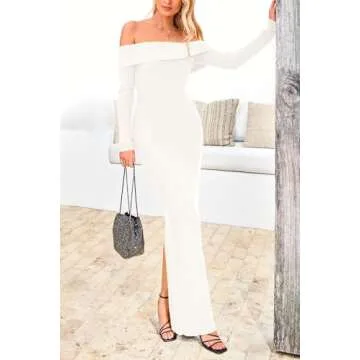 PRETTYGARDEN Women's Winter Sweater Dress Long Sleeve Off Shoulder Slit Maxi Bodycon Cocktail Party Dresses (Beige White,Medium)