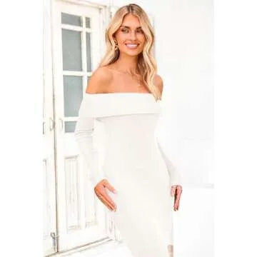 PRETTYGARDEN Women's Winter Sweater Dress Long Sleeve Off Shoulder Slit Maxi Bodycon Cocktail Party Dresses (Beige White,Medium)