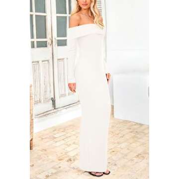 PRETTYGARDEN Women's Winter Sweater Dress Long Sleeve Off Shoulder Slit Maxi Bodycon Cocktail Party Dresses (Beige White,Medium)