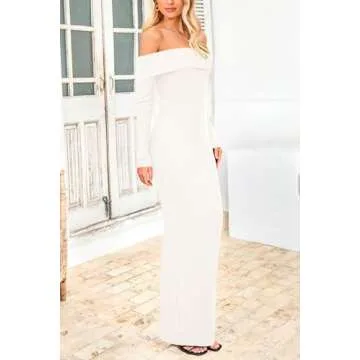 PRETTYGARDEN Women's Winter Sweater Dress Long Sleeve Off Shoulder Slit Maxi Bodycon Cocktail Party Dresses (Beige White,Medium)