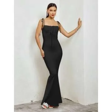 VKIHOC Women's Summer Bodycon Long Dress Tie Spaghetti Strap Sleeveless Backless Elegant Maxi Dresses Black XL