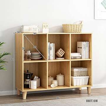 IOTXY Freestanding Open Cubes Bookcase - 2-Tier Floor Standing Wooden Storage Display Cabinet Organizer with Legs for Home Office, 6-Cubes Open Shelf Low Short Bookshelf, Oak