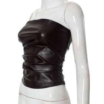 Molilove Women Faux Leather Tube Top Sexy Ruched Strapless Tops Club Party Rave Top Going Out Corset Top Brown