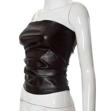 Molilove Women Faux Leather Tube Top Sexy Ruched Strapless Tops Club Party Rave Top Going Out Corset Top Brown