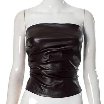 Molilove Women Faux Leather Tube Top Sexy Ruched Strapless Tops Club Party Rave Top Going Out Corset Top Brown