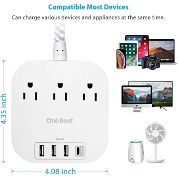 Power Strip with USB C, 3 Outlets 4 USB Ports (22.5W/4.5A) Desktop Charging Station, Flat Plug, 5ft Braided Extension Cord, Non Surge Protector for Travel, Cruise Ship, ETL Listed