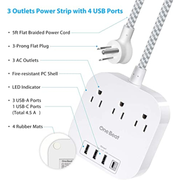 Power Strip with USB C, 3 Outlets 4 USB Ports (22.5W/4.5A) Desktop Charging Station, Flat Plug, 5ft Braided Extension Cord, Non Surge Protector for Travel, Cruise Ship, ETL Listed