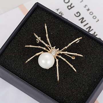 N/P TRX-C Pearl Animal Spider Brooch Gothic Jewelry Halloween Pin Accessories (Gold Tone)