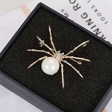 N/P TRX-C Pearl Animal Spider Brooch Gothic Jewelry Halloween Pin Accessories (Gold Tone)