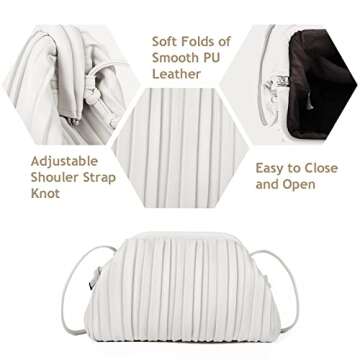 GLITZALL Clutch Purse and Dumpling Bag for Women,Designer Cloud Handbag and Ruched Bag with Detachable Shoulder Strap,Soft PU Leather (White)