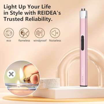 REIDEA Electric Lighter R1 Flat Candle Lighter, Windproof Flameless USB Rechargeable Arc Lighter with Safe Button and Power Indicator for Candle, BBQ and Fireworks, Rose Gold