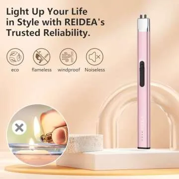 REIDEA Electric Lighter R1 Flat Candle Lighter, Windproof Flameless USB Rechargeable Arc Lighter with Safe Button and Power Indicator for Candle, BBQ and Fireworks, Rose Gold