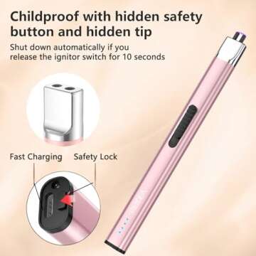 REIDEA Electric Lighter R1 Flat Candle Lighter, Windproof Flameless USB Rechargeable Arc Lighter with Safe Button and Power Indicator for Candle, BBQ and Fireworks, Rose Gold
