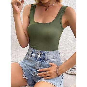 Joviren Cotton Workout Crop Tank Top for Women Square Neck Yoga Tank Tops Athletic Sports Shirts Exercise Undershirts 4 Pack Black/White/Red/Olive M