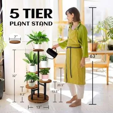 AUGOSTA 5 Tier Plant Stand, Tall Metal Wood Shelf Holder for Indoor Plants, Outdoor Garden Plant Dis...