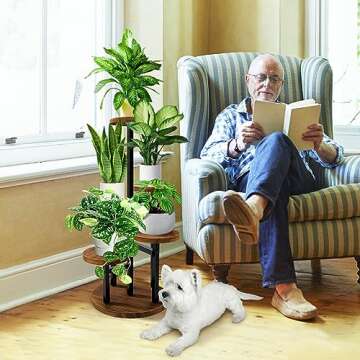 AUGOSTA 5 Tier Plant Stand, Tall Metal Wood Shelf Holder for Indoor Plants, Outdoor Garden Plant Display Rack Flower Pot Stand for Corner Living Room Balcony Garden Patio