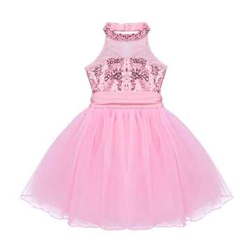 iiniim Girls Sequined Camisole Ballet Leotard Dance Tutu Dress Shiny Sparkle Fairy Party Fancy Costume Mock Neck Pink 5-6