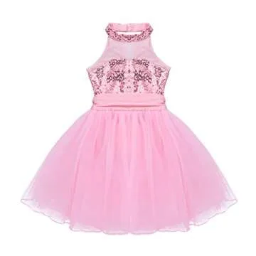 iiniim Girls Sequined Camisole Ballet Leotard Dance Tutu Dress Shiny Sparkle Fairy Party Fancy Costume Mock Neck Pink 5-6