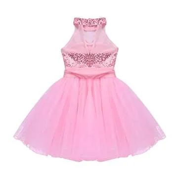 iiniim Girls Sequined Camisole Ballet Leotard Dance Tutu Dress Shiny Sparkle Fairy Party Fancy Costume Mock Neck Pink 5-6