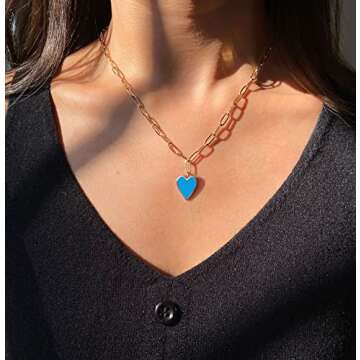 AULSIEY Blue Heart Necklace Dainty Paperclip Chain Jewelry