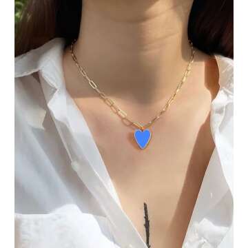 AULSIEY Blue Heart Necklace Dainty Paperclip Chain Jewelry