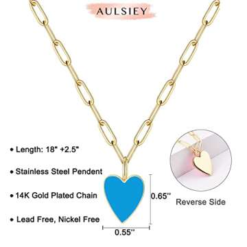 AULSIEY Blue Heart Necklace Dainty Paperclip Chain Jewelry