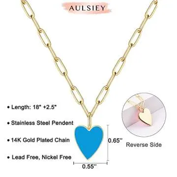 AULSIEY Blue Heart Necklace Dainty Paperclip Chain Jewelry