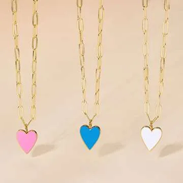 AULSIEY Blue Heart Necklace Dainty Paperclip Chain Jewelry