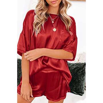 Ekouaer Satin Pajamas for Women Short Sleeve Silk Pajama Sets Soft Sleepwear Top with Causal Pj Shorts Red XXL