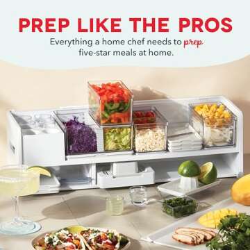 Prepdeck Gen 2 Recipe Prep & Storage Station - 8 Essential Tools + Deluxe Cutting Board, 14 Plastic Containers + Super-Seal Lids, Removable Trash Compartments, Tablet Stand Included - White Stone