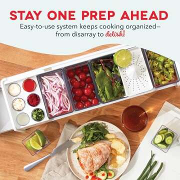 Prepdeck Gen 2 Recipe Prep & Storage Station - 8 Essential Tools + Deluxe Cutting Board, 14 Plastic Containers + Super-Seal Lids, Removable Trash Compartments, Tablet Stand Included - White Stone