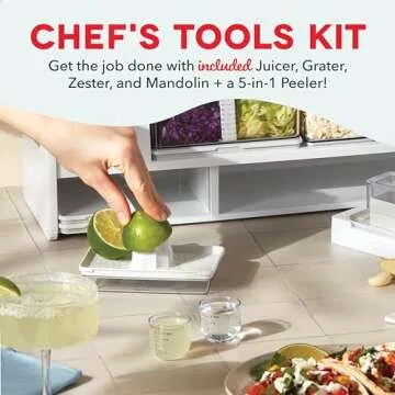 Prepdeck Gen 2 Recipe Prep & Storage Station - 8 Essential Tools + Deluxe Cutting Board, 14 Plastic Containers + Super-Seal Lids, Removable Trash Compartments, Tablet Stand Included - White Stone