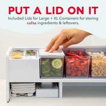 Prepdeck Gen 2 Recipe Prep & Storage Station - 8 Essential Tools + Deluxe Cutting Board, 14 Plastic Containers + Super-Seal Lids, Removable Trash Compartments, Tablet Stand Included - White Stone