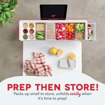 Prepdeck Gen 2 Recipe Prep & Storage Station - 8 Essential Tools + Deluxe Cutting Board, 14 Plastic Containers + Super-Seal Lids, Removable Trash Compartments, Tablet Stand Included - White Stone