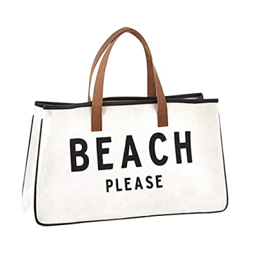 Durable Cotton Canvas Beach Please Tote Bag with Leather Handles