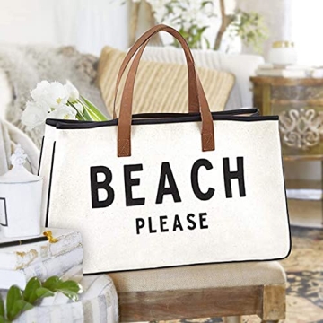 Durable Cotton Canvas Beach Please Tote Bag with Leather Handles