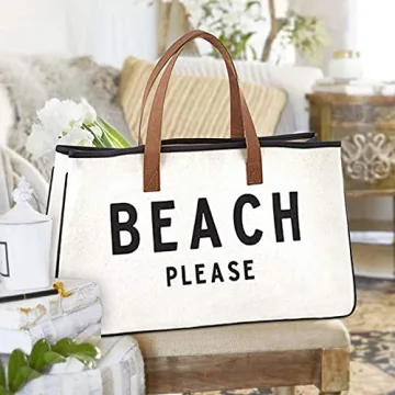 Durable Cotton Canvas Beach Please Tote Bag with Leather Handles