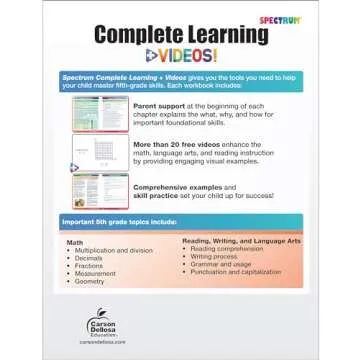 Spectrum Complete Learning + Videos 5th Grade Workbook All Subjects, Language Arts, Reading Comprehe...