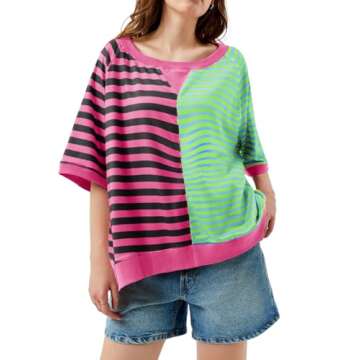 Tankaneo Womens Oversized T Shirts Summer Short Sleeve Striped Color Block Loose Fit Tops 2025 Trend...