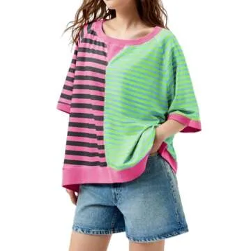 Tankaneo Womens Oversized T Shirts Summer Short Sleeve Striped Color Block Loose Fit Tops 2025 Trendy Clothes Rose Red