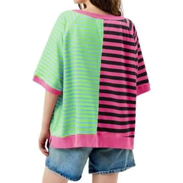 Tankaneo Womens Oversized T Shirts Summer Short Sleeve Striped Color Block Loose Fit Tops 2025 Trendy Clothes Rose Red