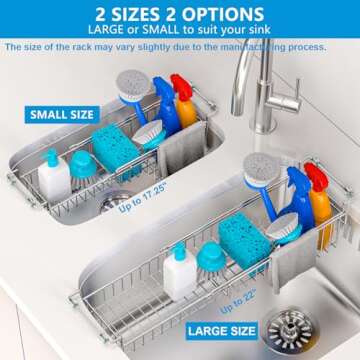 FavoThings Over The Kitchen Sink Caddy Sponge Holder Organizer Drying Rack Expandable for Sponge Brush Soap Dish Cloth Rag, Stainless Steel (12.25" to 17.25")