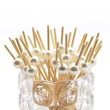 Minisland White Pearl Cocktail Picks, 4.7 Inch Long Bamboo Fancy Toothpicks for Appetizers, Decorative Christmas Bridal Wedding Party Food Drink Garnish Fruit Kabob Skewer Sticks 100 Counts - MSL152